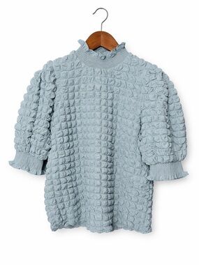 English Factory Soft Blue Textured Ruffle Mock Neck Puff Sleeve Top
